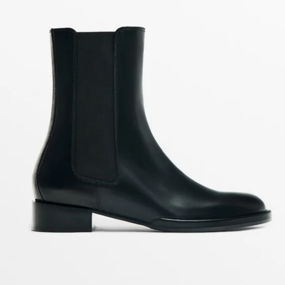 NEW Massimo Dutti Black Leather Ankle Boot Bootie - Picture 2 of 8